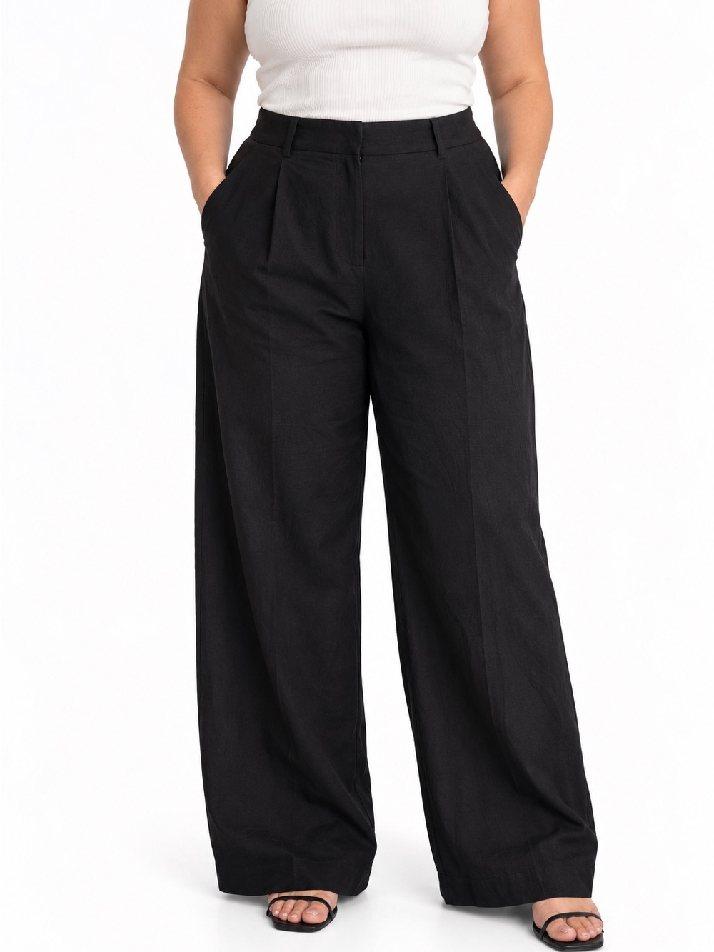 Old Navy Taylor Wide Leg Pants L Black Linen Blend High Rise Pleated Trouser